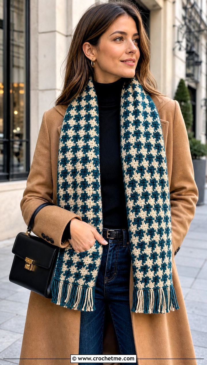 Houndstooth Crochet Scarf With Camel Coat - 25 Wednesday Crochet Scarf outfit ideas