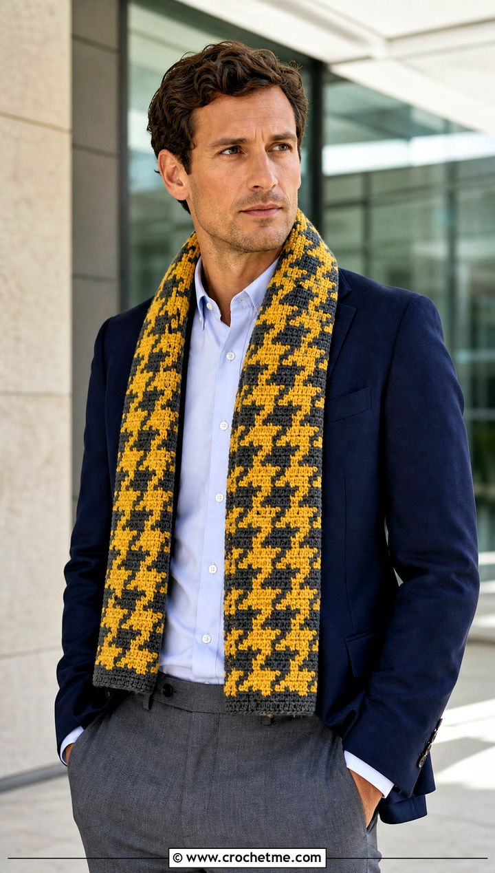 Houndstooth Crochet Scarf With Tailored Blazer - 30 crochet scarf ideas for men