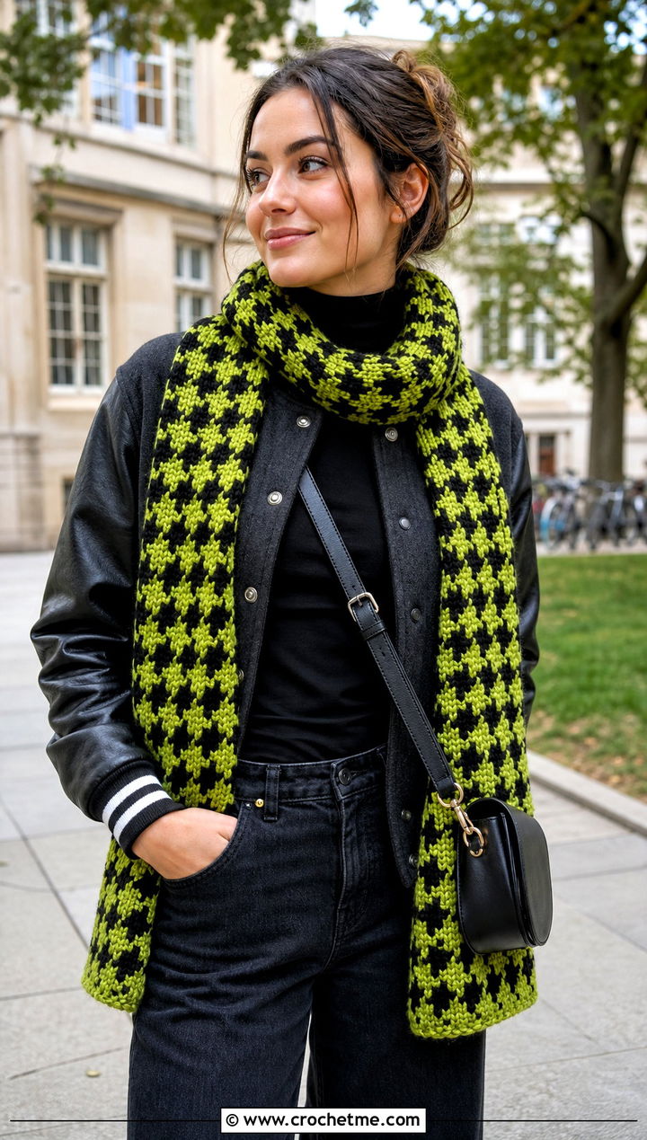 Houndstooth Crochet Scarf With Varsity Jacket - 30 autumn crochet scarf outfit ideas
