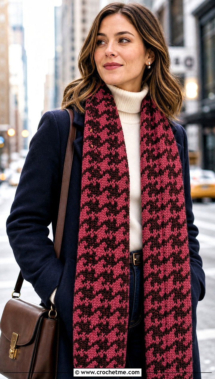 Houndstooth Crochet Scarf With Wool Coat And Jeans - 30 2 color crochet scarf outfit ideas