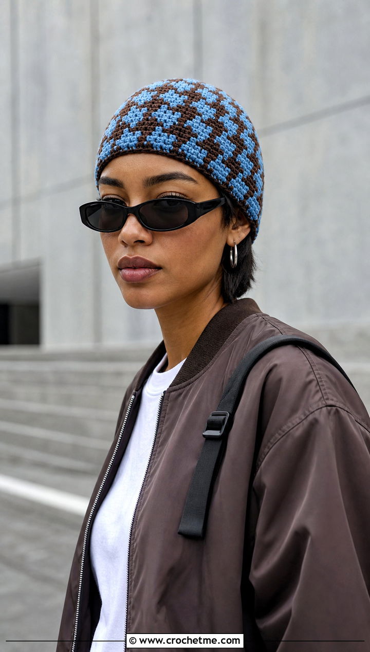 Houndstooth Crochet Skull Cap With Bomber Jacket - 15 houndstooth crochet hat outfit ideas