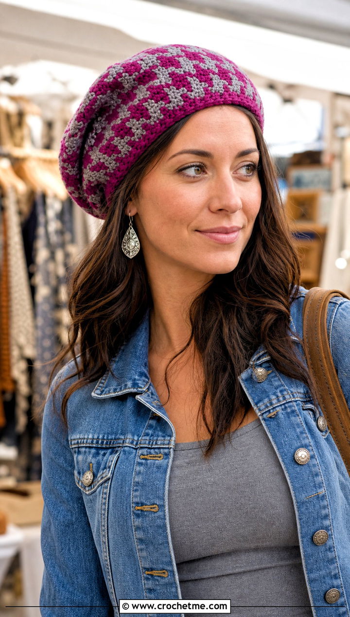 Houndstooth Crochet Tam With Boho Maxi Skirt - 15 houndstooth crochet hat outfit ideas
