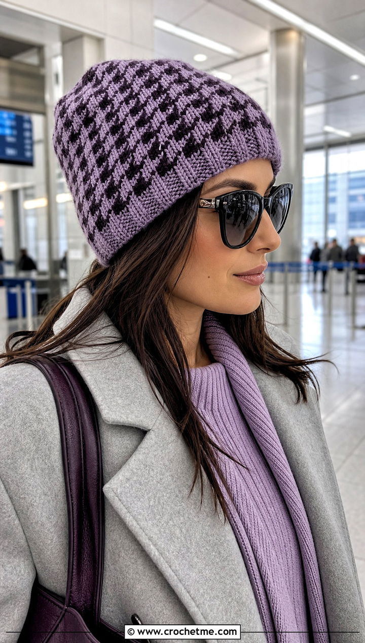 Houndstooth Crochet Toque With Matching Knit Set - 15 houndstooth crochet hat outfit ideas