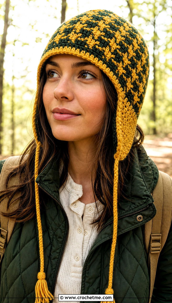 Houndstooth Crochet Trapper Hat With Quilted Jacket - 15 houndstooth crochet hat outfit ideas