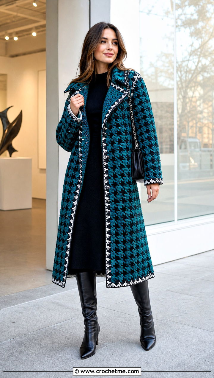 Houndstooth Crochet Winter Coat With Black Midi Dress - 20 Crochet Winter Coat outfit ideas