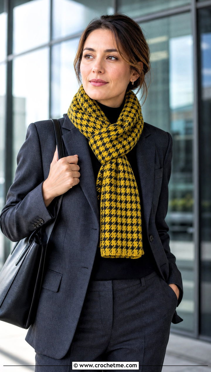 Houndstooth Crochet Winter Scarf With Gray Suit - 35 crochet winter scarf outfit ideas