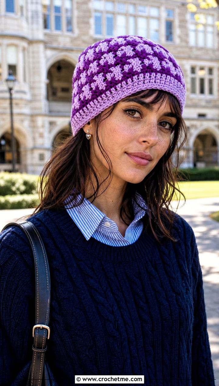 Houndstooth Mosaic Crochet Beanie With Preppy Outfit - 25 Mosaic Crochet Beanie outfit ideas