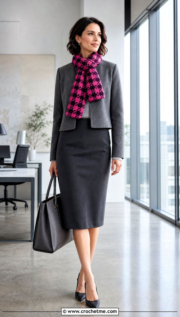 Houndstooth Tapestry Crochet Scarf With Pencil Skirt - 35 tapestry crochet scarf outfit ideas