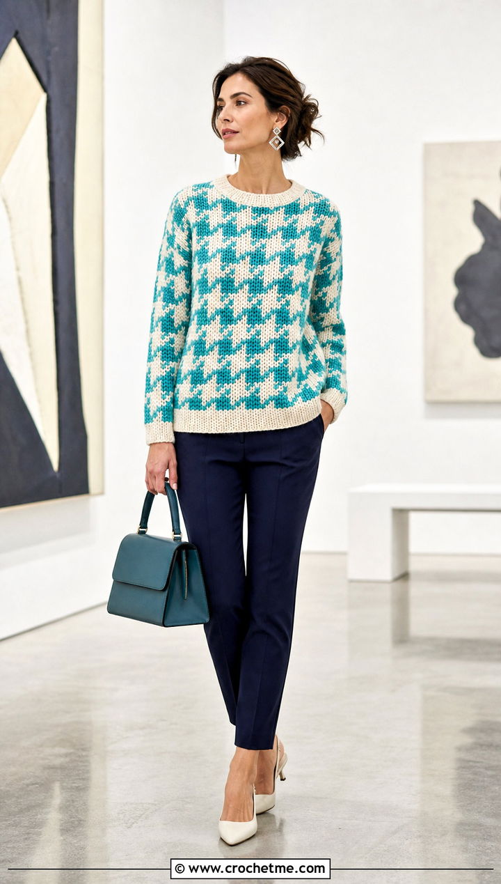 Houndstooth Tunisian Crochet Jumper With Cigarette Pants - 30 tunisian crochet jumper outfit ideas