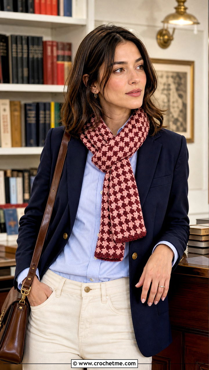 Houndstooth Two Tone Crochet Scarf With Preppy Blazer - 25 two tone crochet scarf outfit ideas