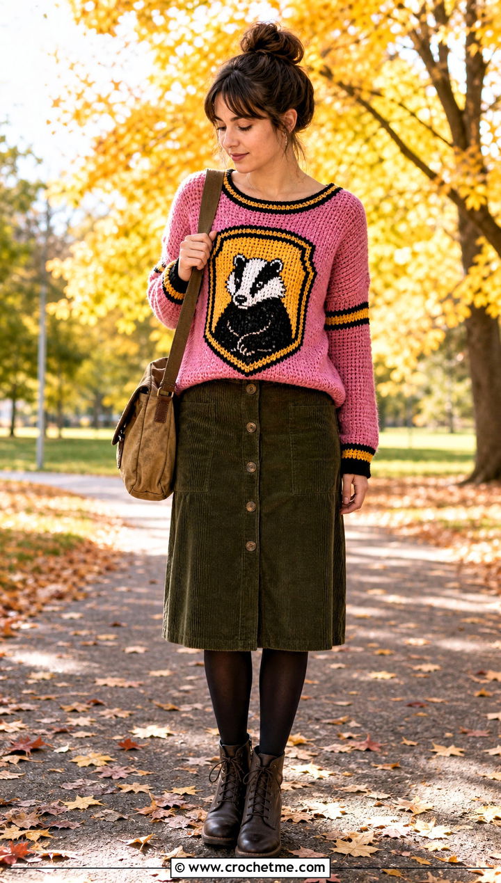 Hufflepuff Badger Crochet Sweater With Corduroy Skirt - 25 Harry Potter Crochet Sweater outfit ideas