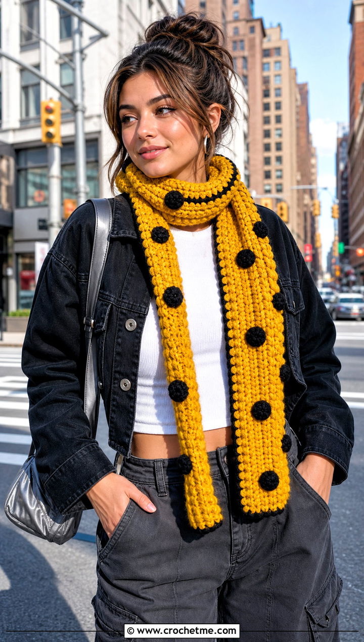 Hufflepuff Bobble Stitch Crochet Harry Potter Scarf With Cargo Pants - 35 crochet harry potter scarf outfit ideas