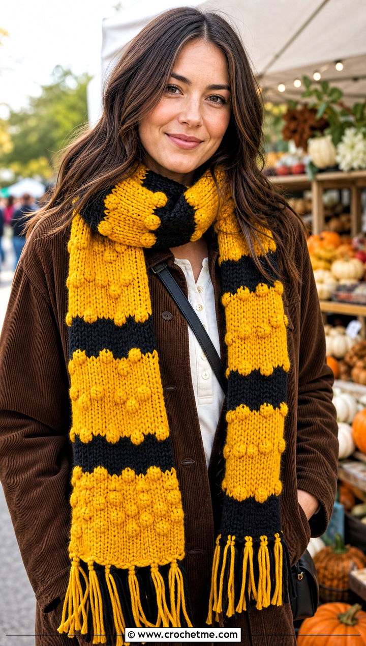 Hufflepuff Bobble Stitch Crochet Hogwarts Scarf With Corduroy Jacket - 30 crochet hogwarts scarf outfit ideas