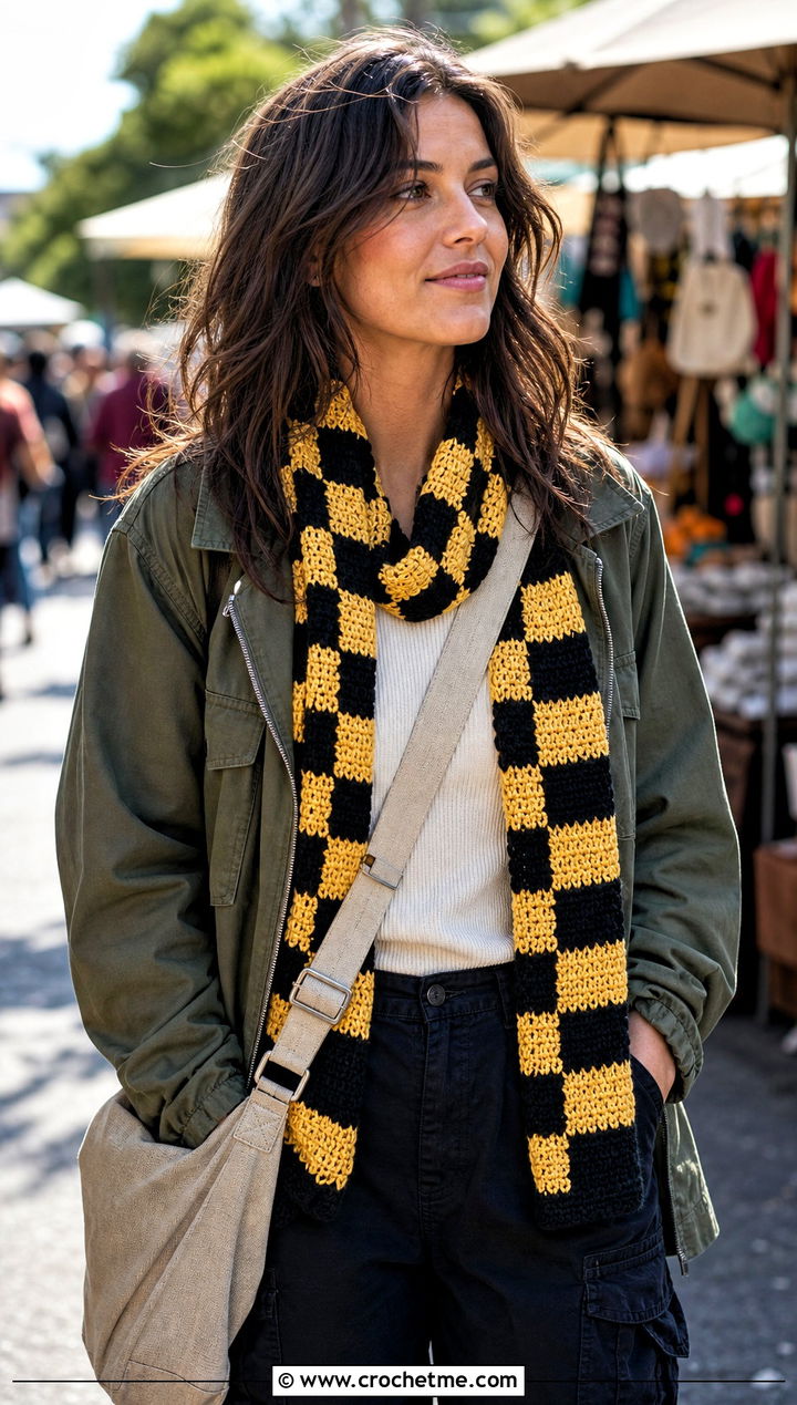 Hufflepuff Checkerboard Crochet Harry Potter Scarf With Utility Jacket - 35 crochet harry potter scarf outfit ideas