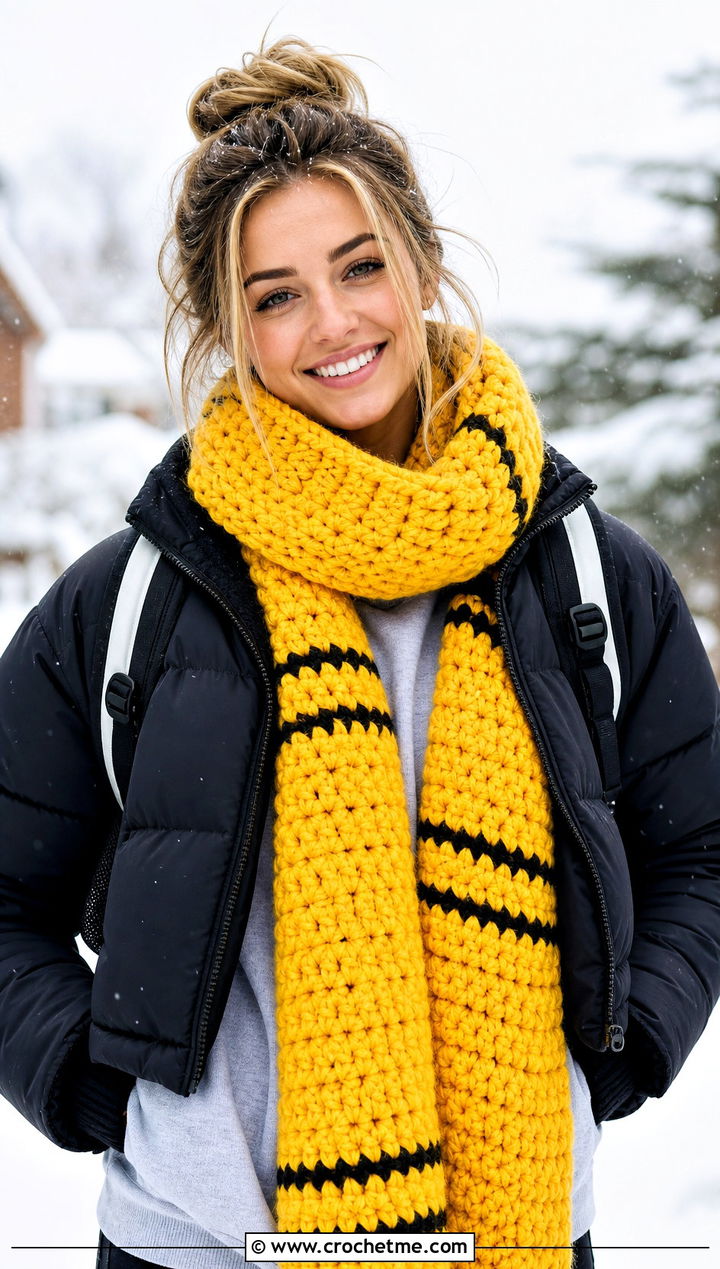 Hufflepuff Chunky Crochet Harry Potter Scarf With Puffer Jacket - 35 crochet harry potter scarf outfit ideas