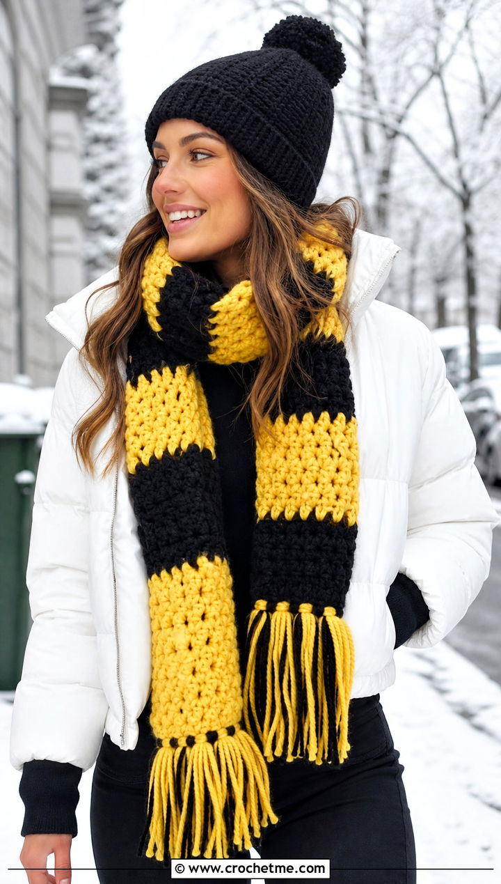 Hufflepuff Chunky Crochet Hogwarts Scarf With Puffer Coat - 30 crochet hogwarts scarf outfit ideas
