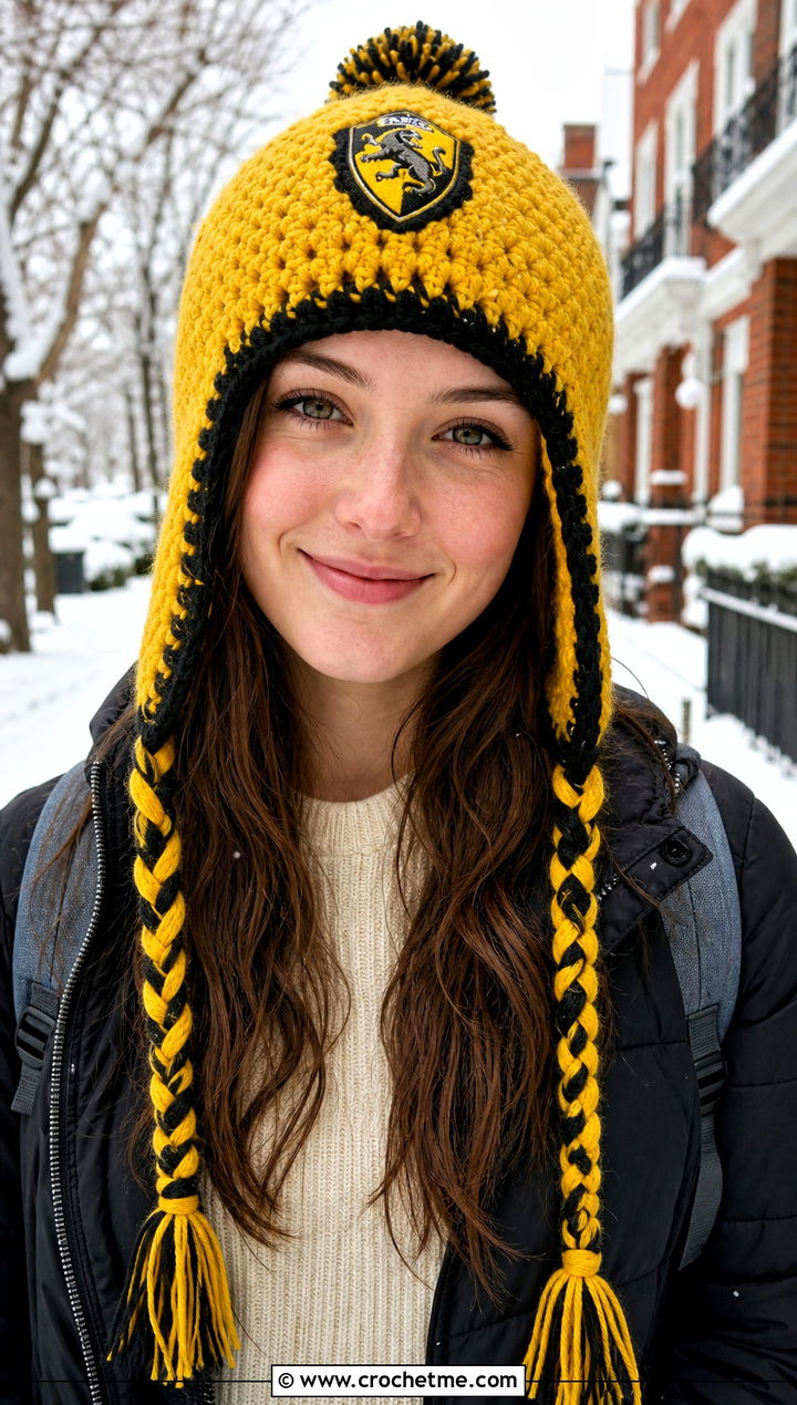 Hufflepuff Crochet Earflap Hat With Puffer Coat - 15 harry potter crochet hat outfit ideas