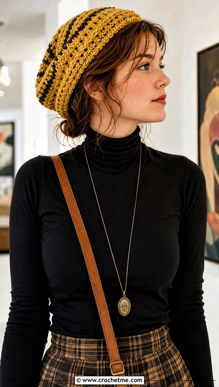 Hufflepuff Crochet Tam With Turtleneck And Maxi Skirt - 15 Hufflepuff Crochet Hat outfit ideas