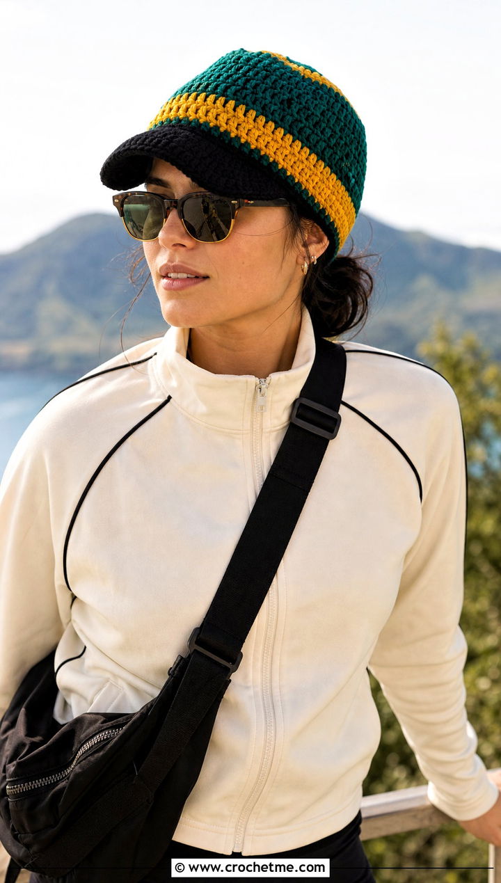 Hufflepuff Crochet Visor Beanie With Track Jacket - 15 Hufflepuff Crochet Hat outfit ideas