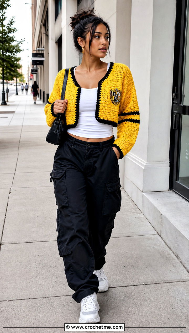 Hufflepuff Cropped Crochet Cardigan With Cargo Pants - 25 harry potter crochet clothes and outfit ideas
