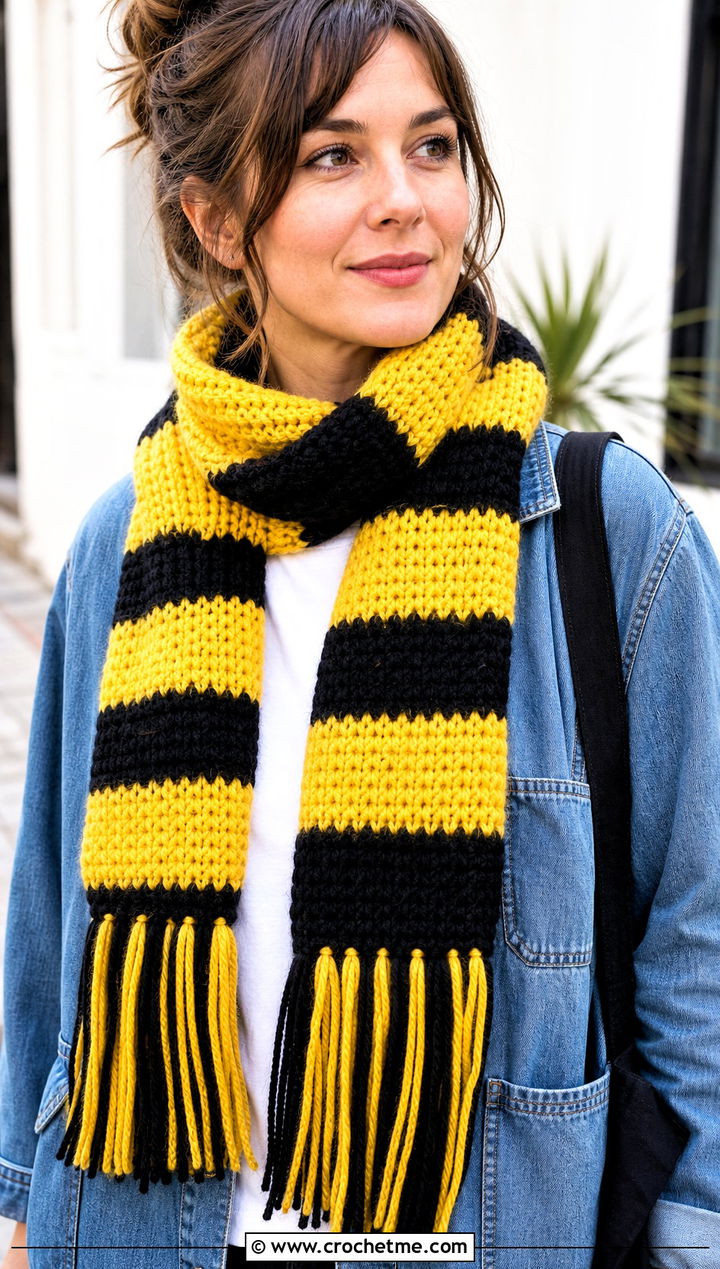 Hufflepuff Fringed Crochet Hogwarts Scarf With Denim Chore Jacket - 30 crochet hogwarts scarf outfit ideas