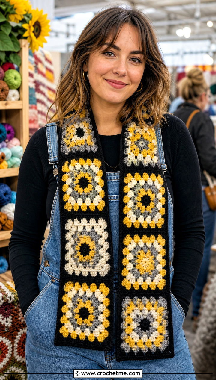 Hufflepuff Granny Square Crochet Hogwarts Scarf With Overalls - 30 crochet hogwarts scarf outfit ideas
