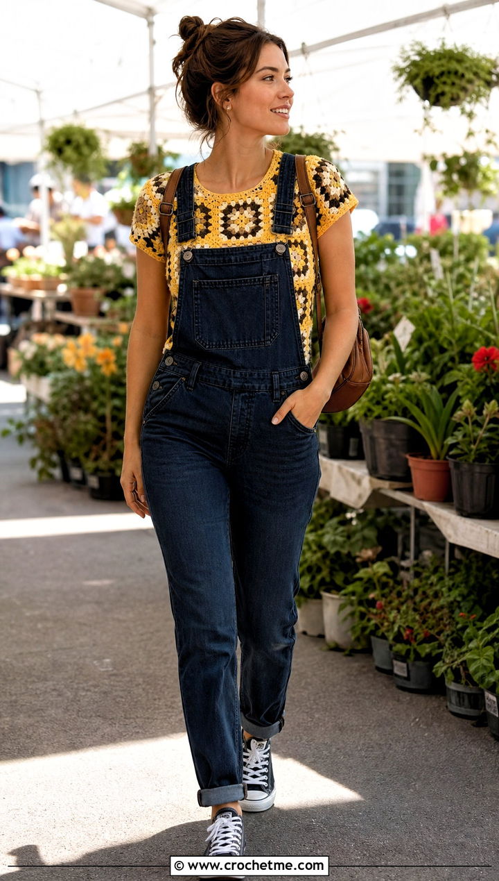 Hufflepuff Granny Square Crochet Tee With Overalls - 25 harry potter crochet clothes and outfit ideas