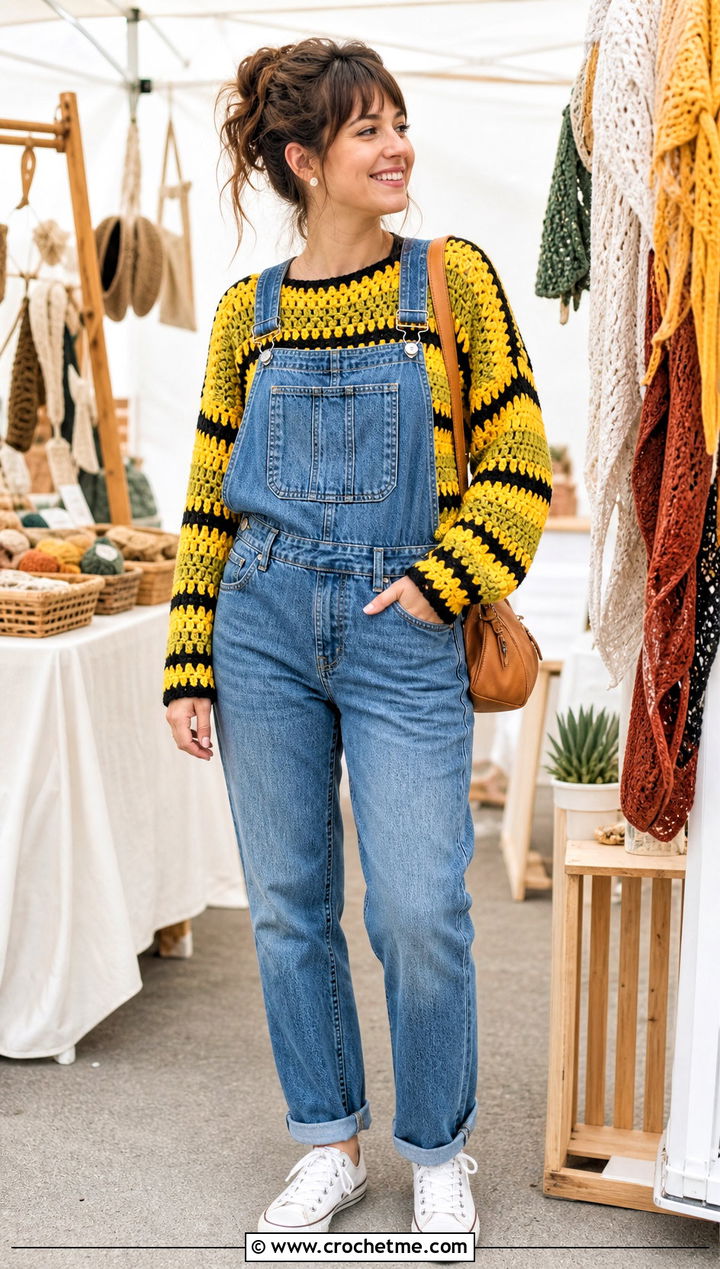 Hufflepuff Granny Stripe Crochet Sweater With Overalls - 35 crochet harry potter sweater outfit ideas