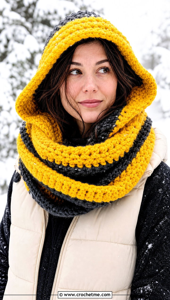 Hufflepuff Hooded Infinity Crochet Harry Potter Scarf With Winter Layers - 35 crochet harry potter scarf outfit ideas