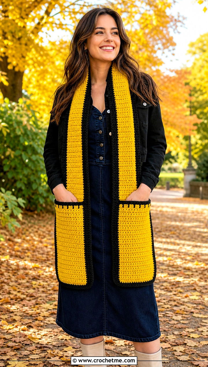 Hufflepuff Pocket Crochet Harry Potter Scarf With Denim Dress - 35 crochet harry potter scarf outfit ideas