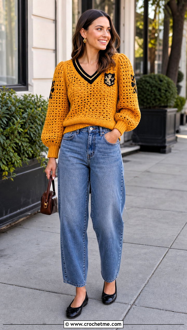 Hufflepuff Puff Sleeve Crochet Sweater With Barrel Jeans - 35 crochet harry potter sweater outfit ideas