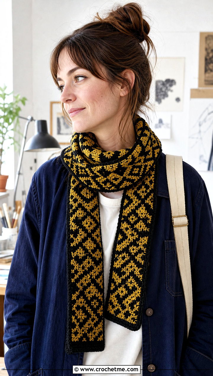 Hufflepuff Tapestry Crochet Harry Potter Scarf With Chore Jacket - 35 crochet harry potter scarf outfit ideas