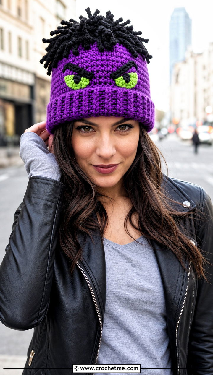 Hulk Cuffed Crochet Beanie With Leather Jacket - 20 Hulk Crochet Hat outfit ideas