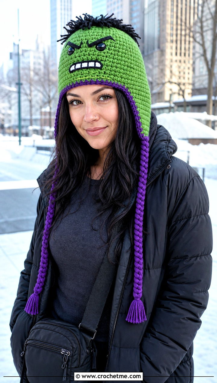 Hulk Earflap Crochet Hat With Puffer Coat - 20 Hulk Crochet Hat outfit ideas