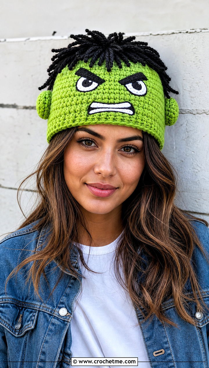 Hulk Face Crochet Beanie With Denim Jacket - 20 Hulk Crochet Hat outfit ideas