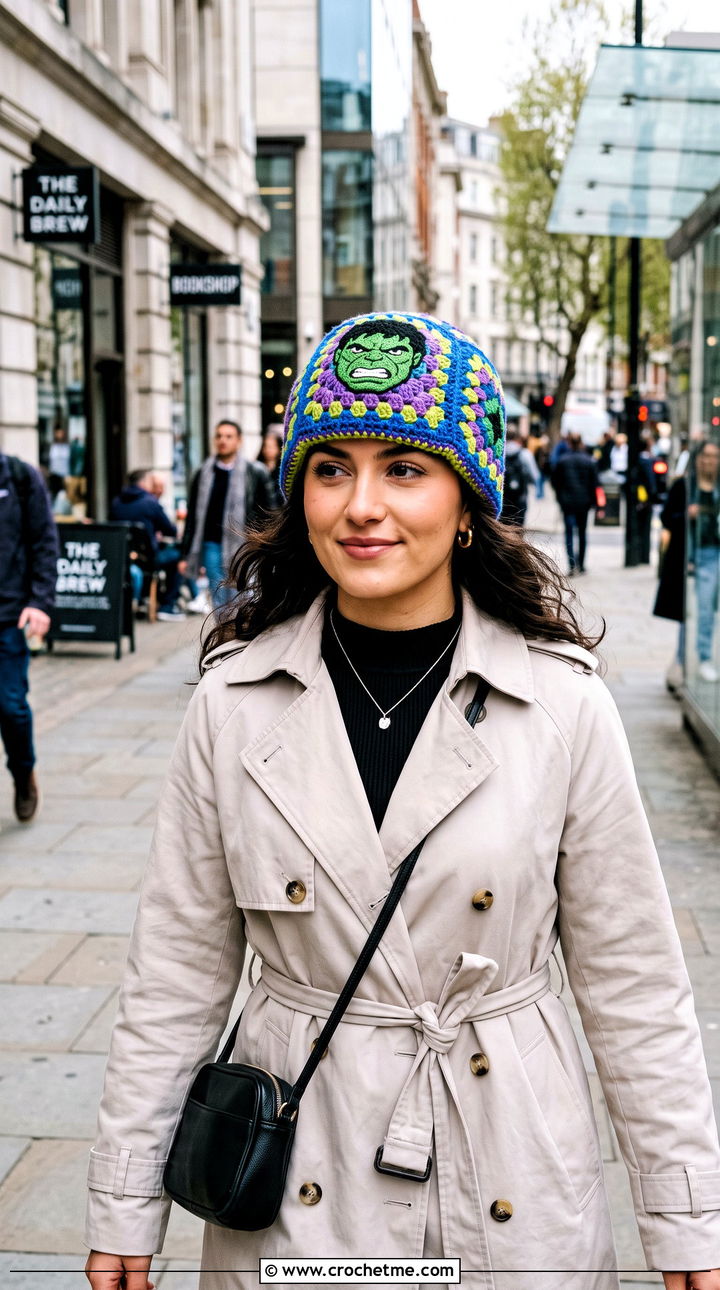 Hulk Granny Stitch Crochet Hat With Trench Coat - 20 Hulk Crochet Hat outfit ideas
