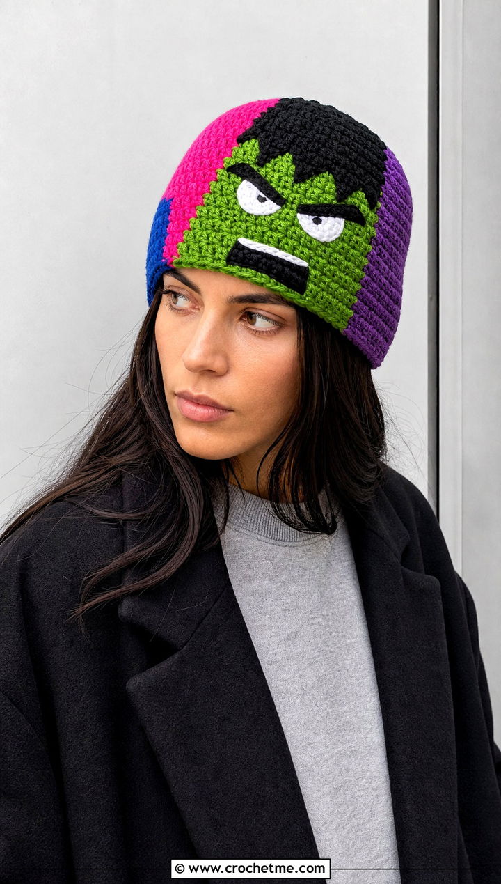 Hulk Patchwork Crochet Hat With Monochrome Outfit - 20 Hulk Crochet Hat outfit ideas