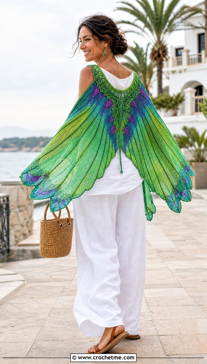 Hummingbird Wing Shawl With White Linen Set - 30 Crochet Wing Shawl outfit ideas