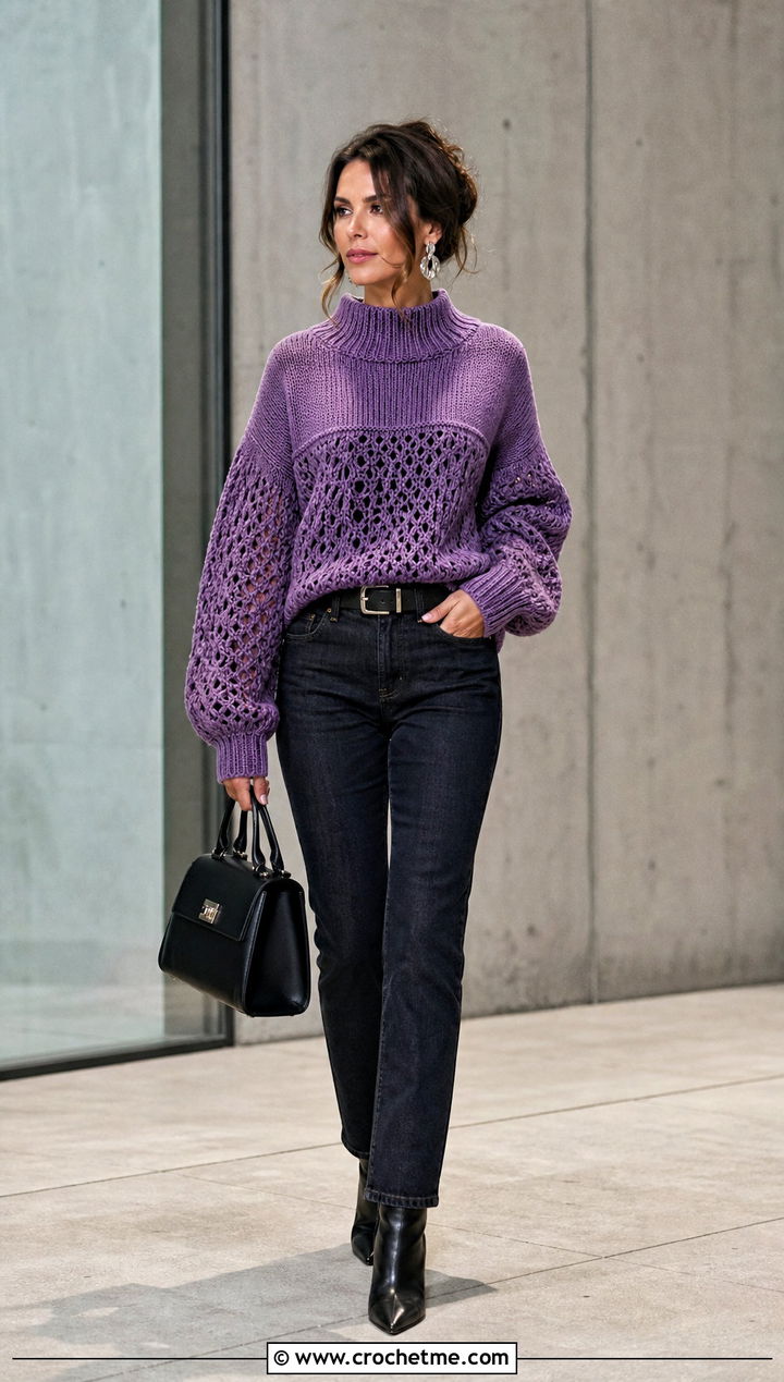 Hybrid Knit And Crochet Sweater With Tailored Jeans - 30 Knit And Crochet Sweater outfit ideas