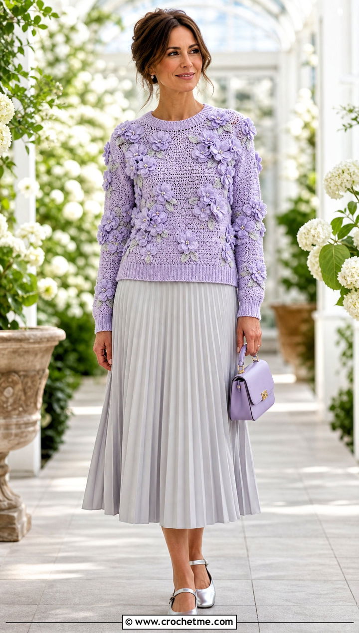 Hydrangea Applique Crochet Flower Sweater With Pleated Midi Skirt - 30 crochet flower sweater outfit ideas