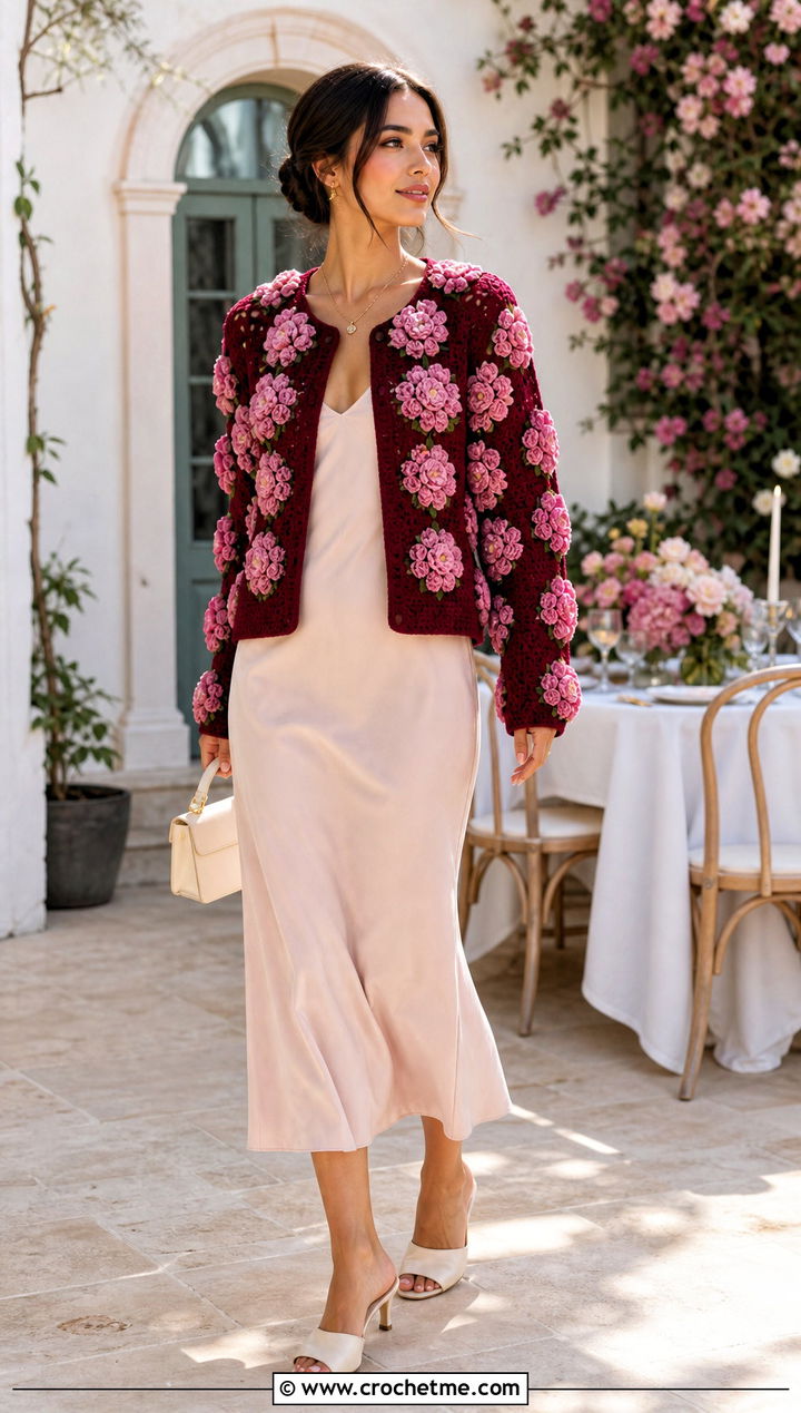 Hydrangea Flower Cardigan With Bias Cut Midi Dress - 30 crochet flowers cardigan outfit ideas