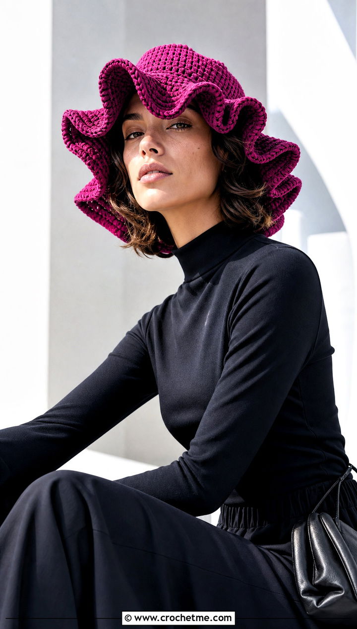 Hyperbolic Ruffle Crochet Bucket Hat With Monochrome Outfit - 25 Frilly Crochet Bucket Hat outfit ideas