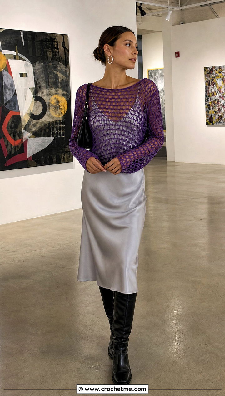 Hysteric Glamour Long Sleeve Mesh Crochet Top Over A Slip Dress - 15 Hysteric Glamour Crochet Top outfit ideas