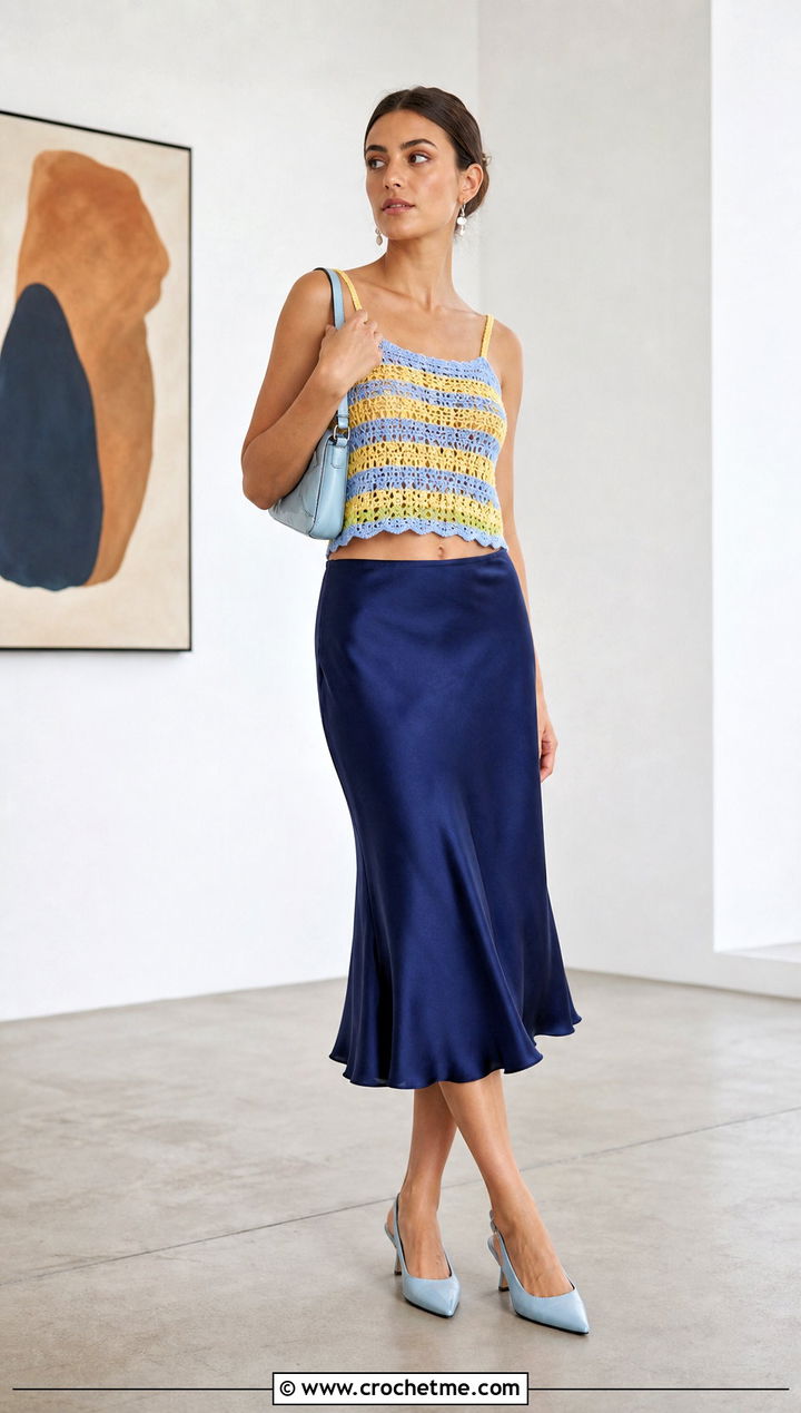 Hysteric Glamour Striped Crochet Camisole With Satin Midi Skirt - 15 Hysteric Glamour Crochet Top outfit ideas