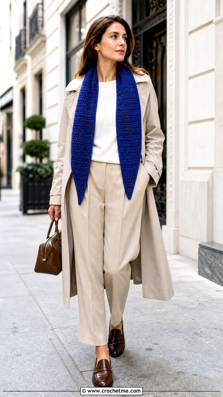 I Cord Edge Crochet Sophie Scarf With Trench Coat And Trousers - 35 crochet sophie scarf outfit ideas