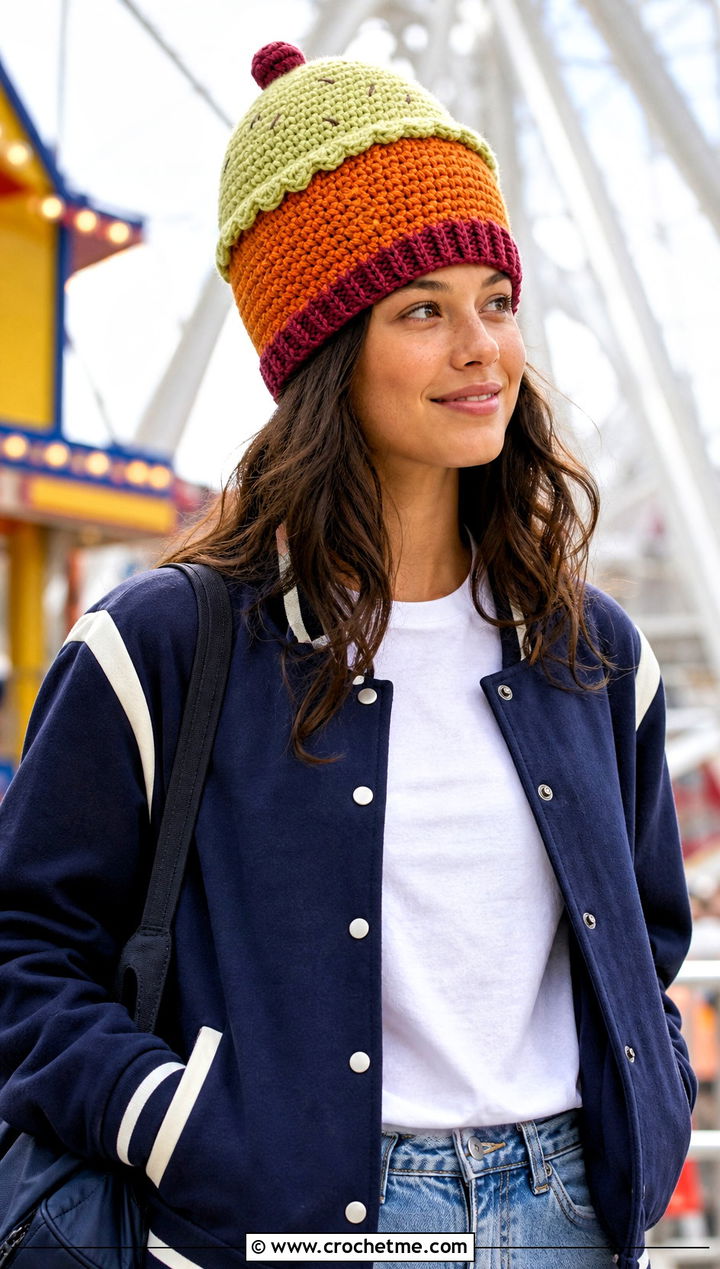 Ice Cream Cupcake Crochet Hat With Varsity Jacket - 30 crochet cupcake hat outfit ideas