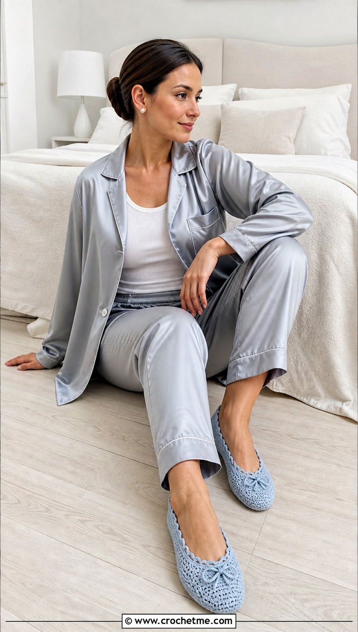 Icy Blue Crochet Ballerina Slippers With Satin Pajama Set - 15 blue crocheted slippers on wooden floor outfit ideas