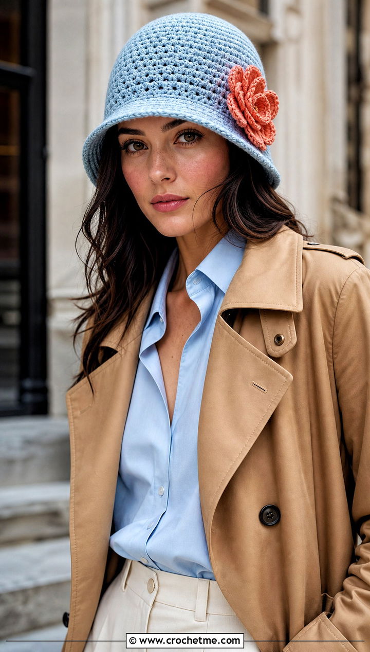 Icy Blue Crocheted Cloche Hat With Flower And Trench Coat Outfit - 15 Blue Crocheted Hat With Flower outfit ideas