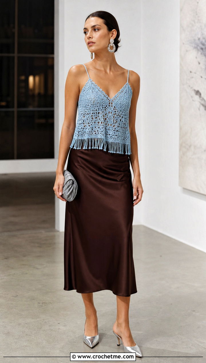 Icy Blue Fringe Camisole Top With Satin Midi Skirt - 15 Blue Crochet Top With Fringes outfit ideas