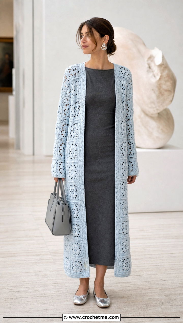 Icy Blue Longline Granny Square Cardigan With Column Dress - 30 blue granny square cardigan outfit ideas